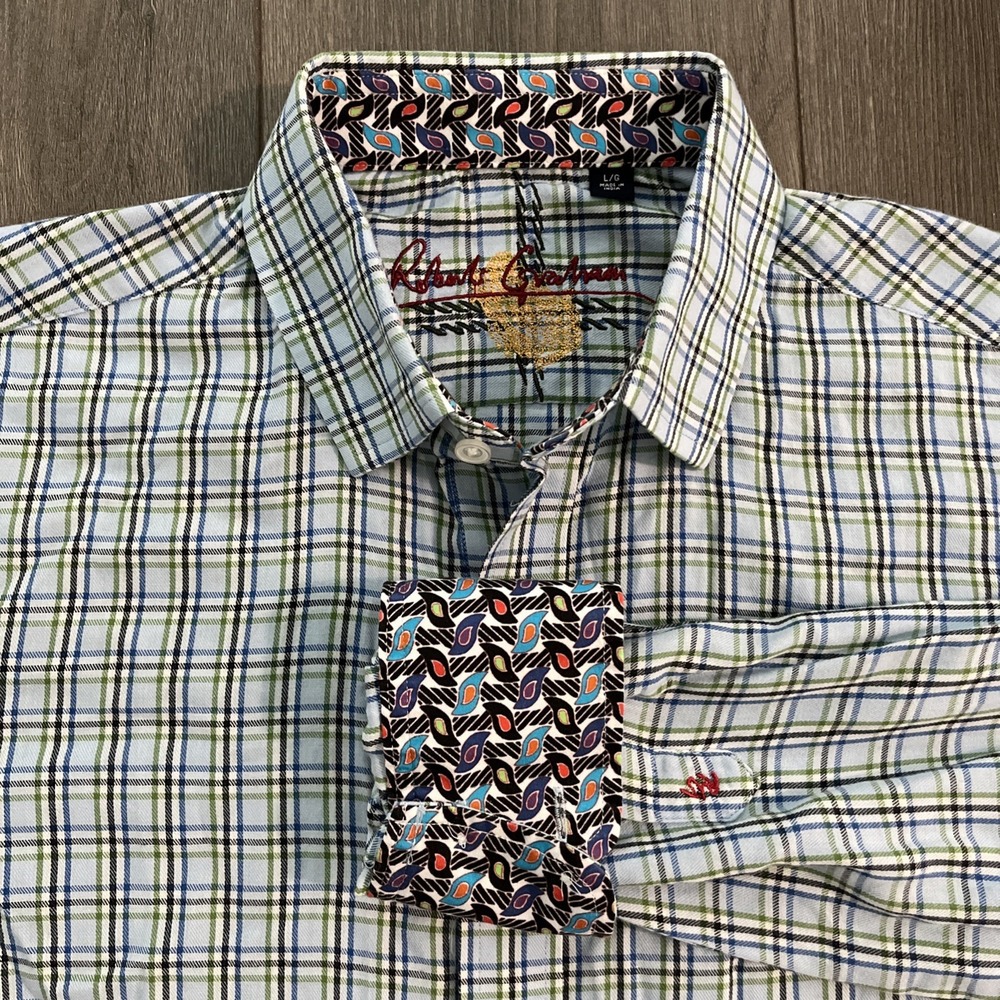 Robert Graham Long Sleeve Button Up Shirt Mens L Flip Cuff Blue Plaid 100%Cotton